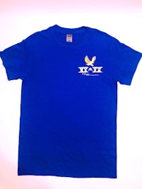 a blue t - shirt with a yellow logo on it